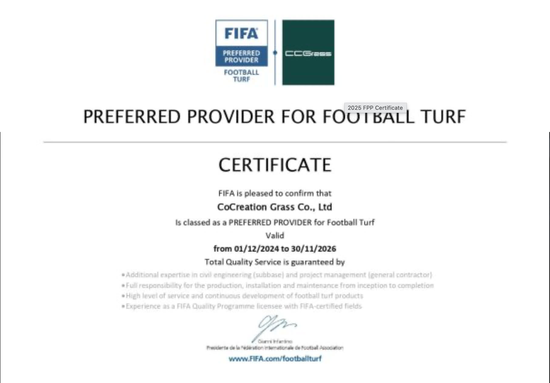 FIFA certified manufacturer documentation